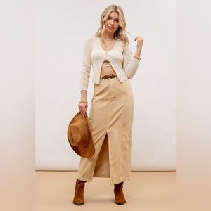 BLU PEPPER Beige Denim Maxi Front Slit Skirt
